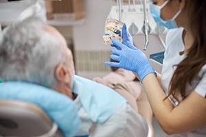 Dental team member using model to explain dental implants