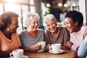 Happy senior friends enjoying coffee together